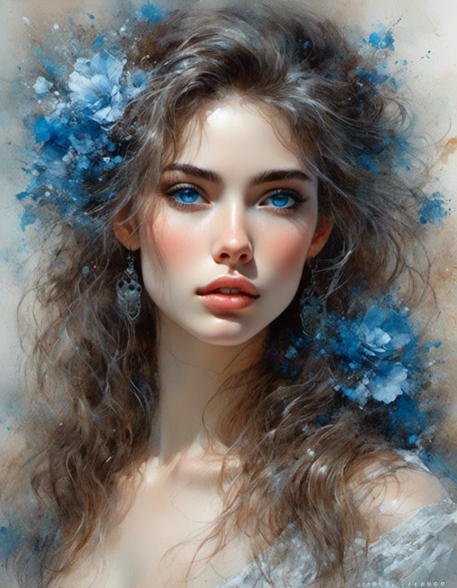 Detailed Portrait of Blue-Eyed Woman by Royo