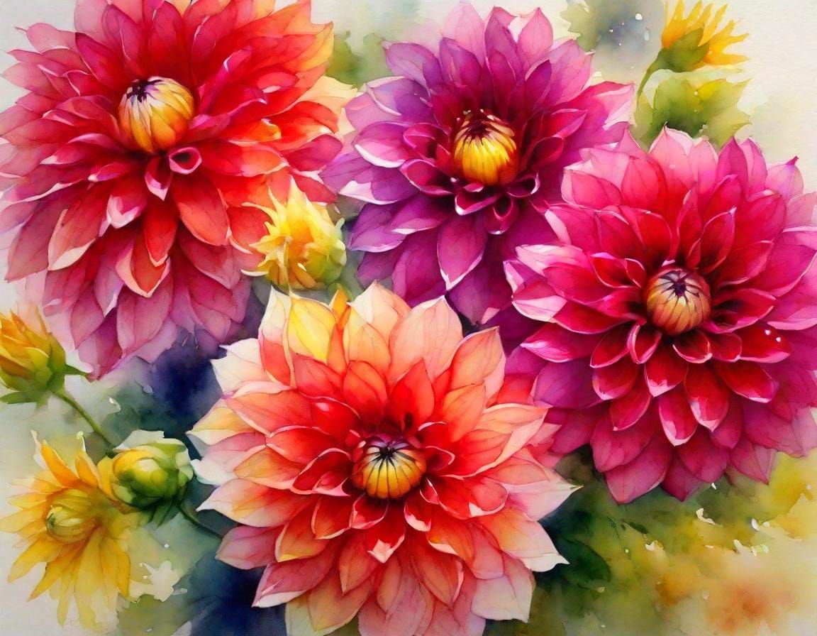 Vibrant Dahlias in Artistic Spiral Watercolor