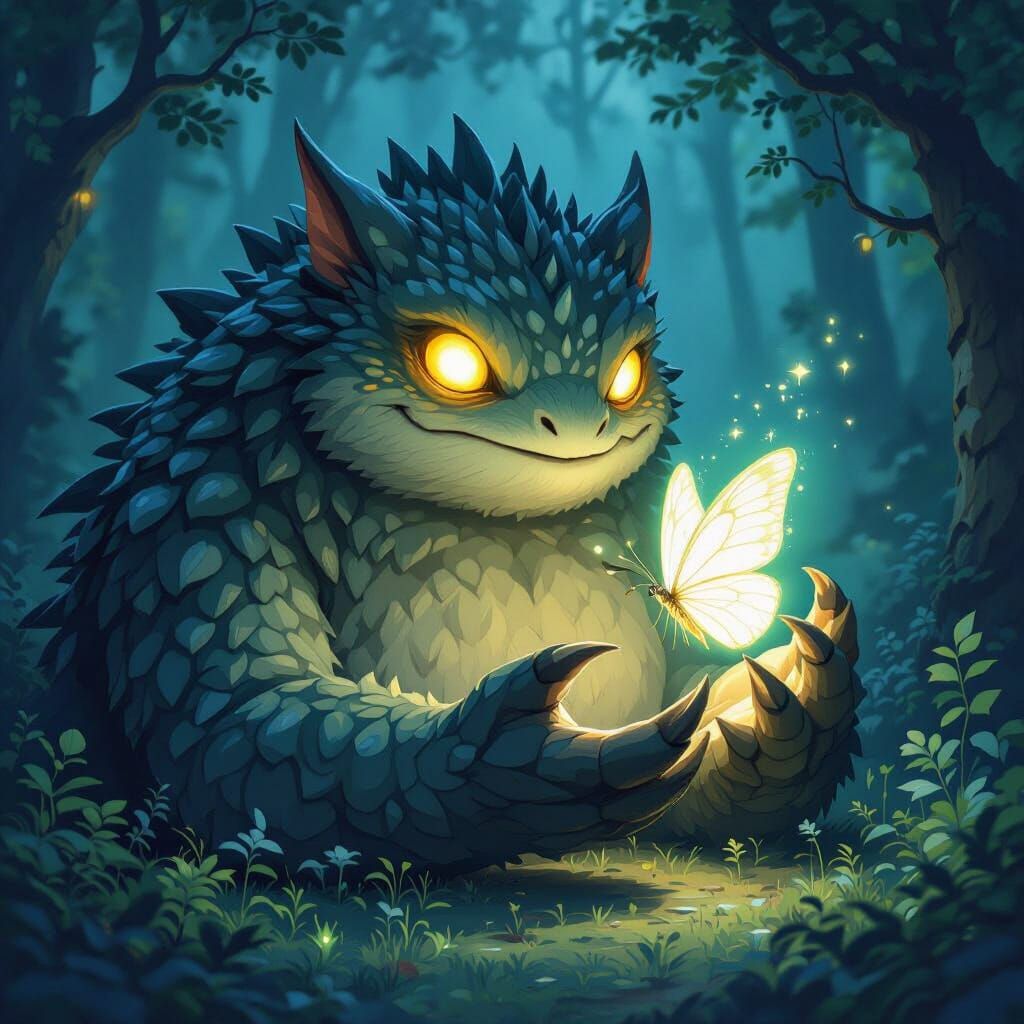 Gentle Forest Lurker and Bioluminescent Butterfly