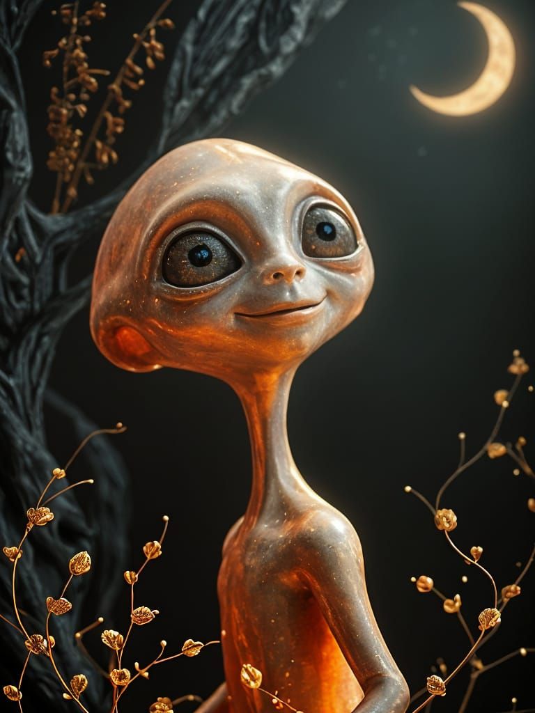 Cute Space Alien Captured in Iridescent Sheen, Soft Orange L...