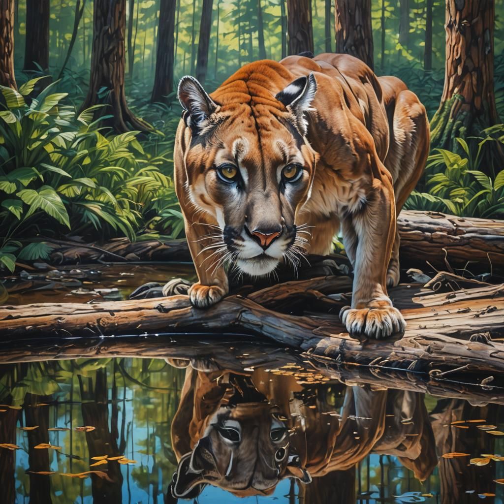 Cougar Gazing at Reflection: Hyperrealistic Graffiti Art