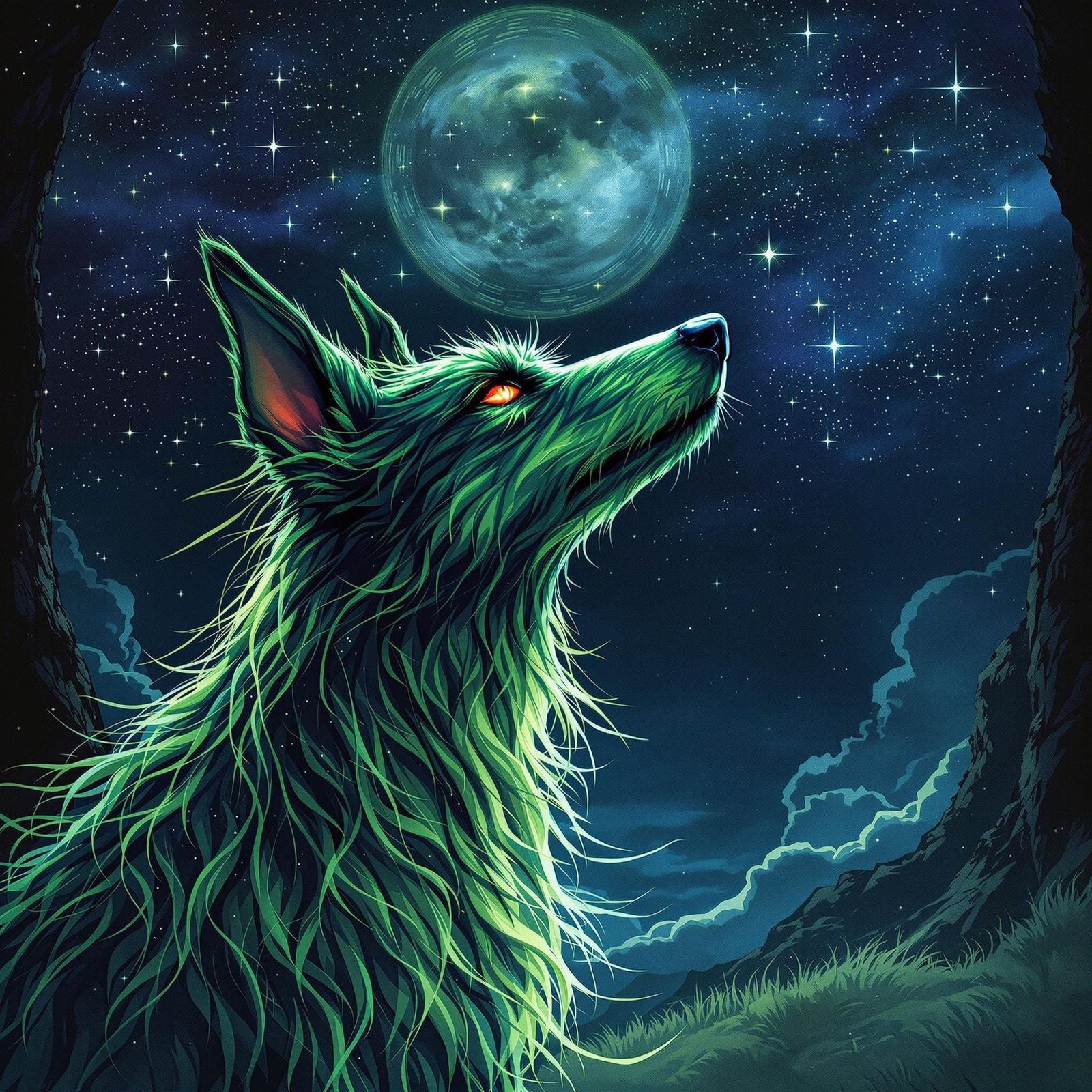 Mythical Green Dog Howls at the Moonlit Sky in Scottish High...