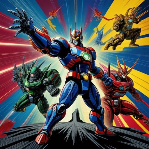 Luminous Tokusatsu Spectacle: Cyberpunk Mecha Frenzy