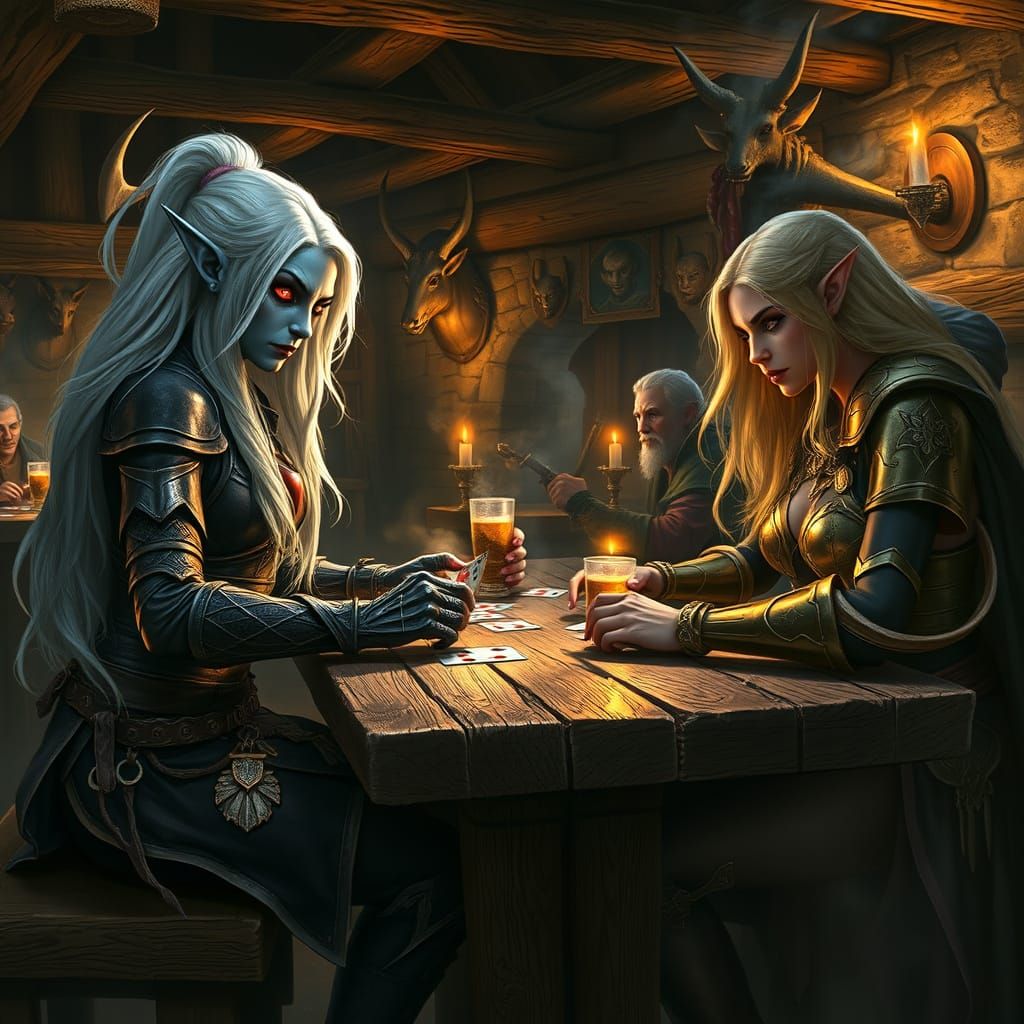 Majestic Drow Warrior in Medieval Tavern, with Photorealisti...