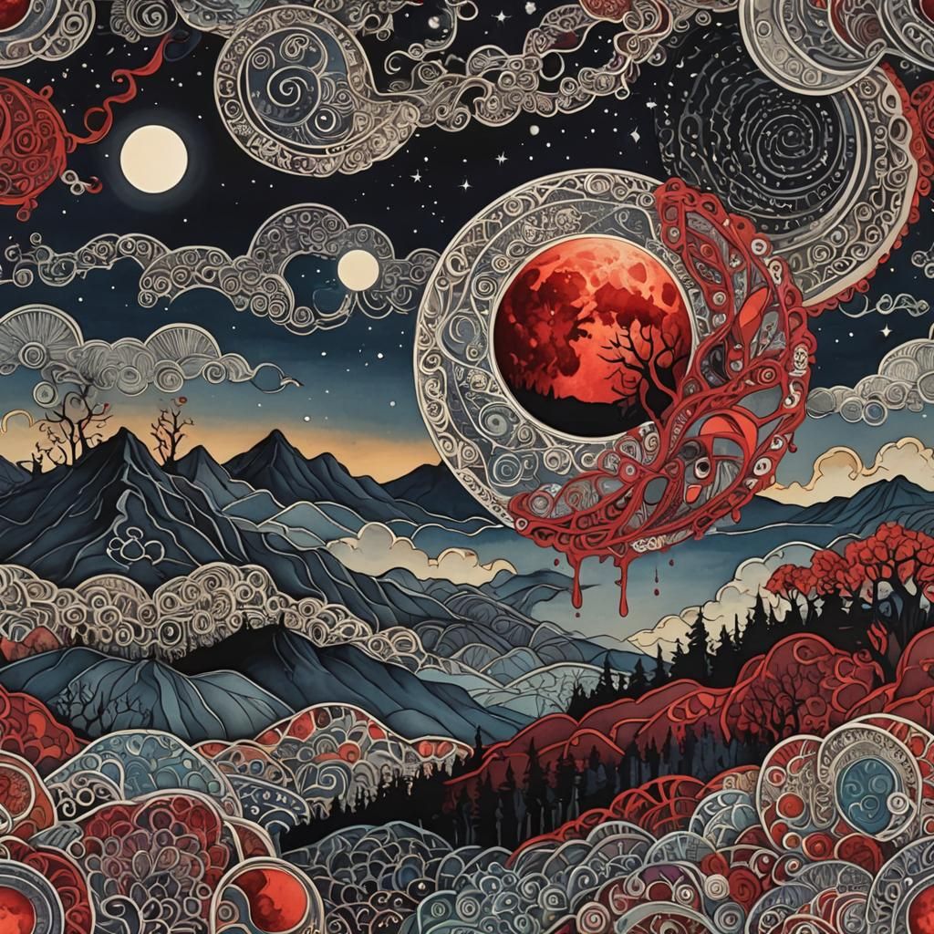 Blood Moon Over Zentangle Landscape in Digital Art
