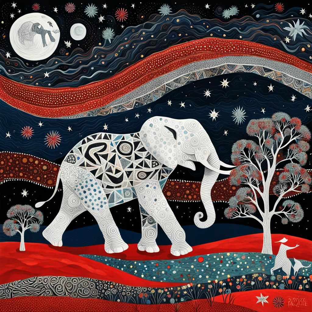 White Elephant's Night Flight Over the Savanna