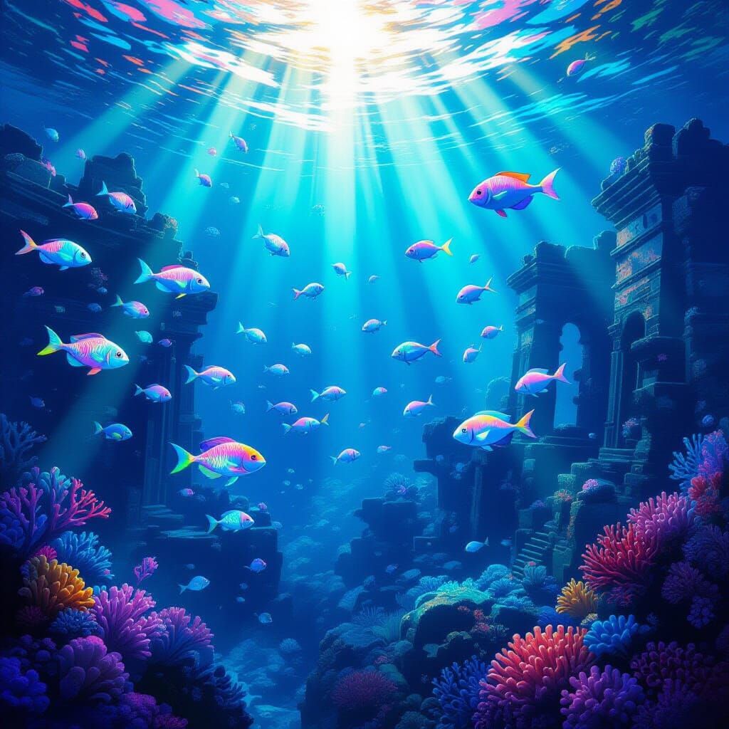 Vibrant Coral Reef With Glowing Sea Creatures and Sunlit Wat...