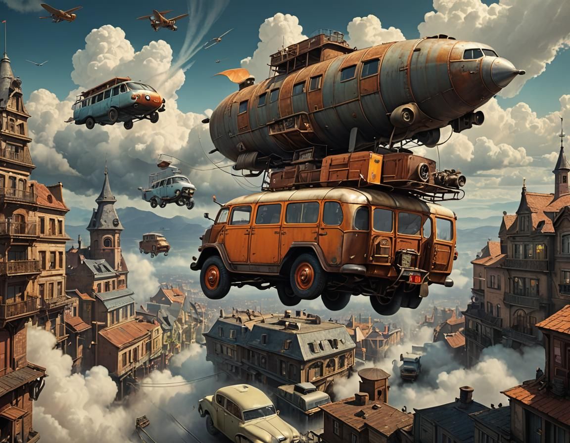 flying steampunk bus