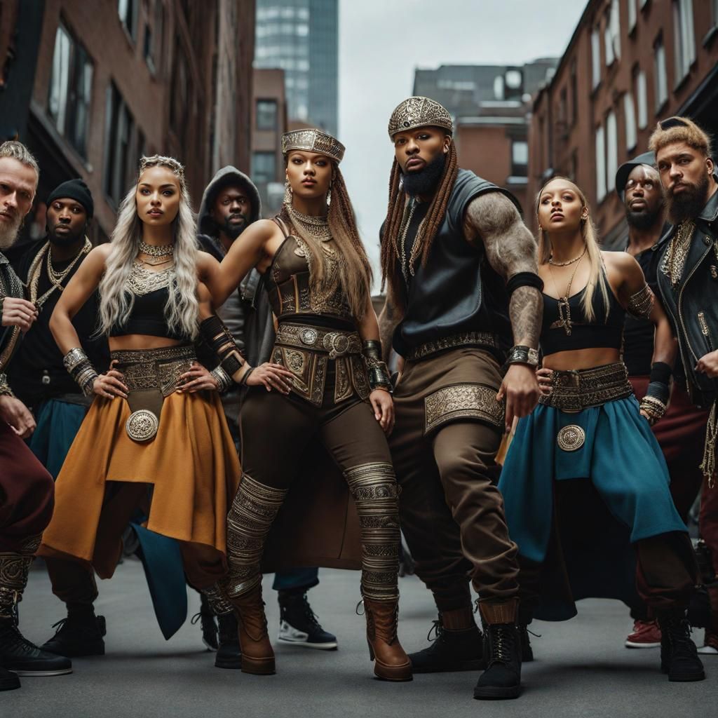 Viking Hip-Hop Dance-Off in Hyperrealistic Style