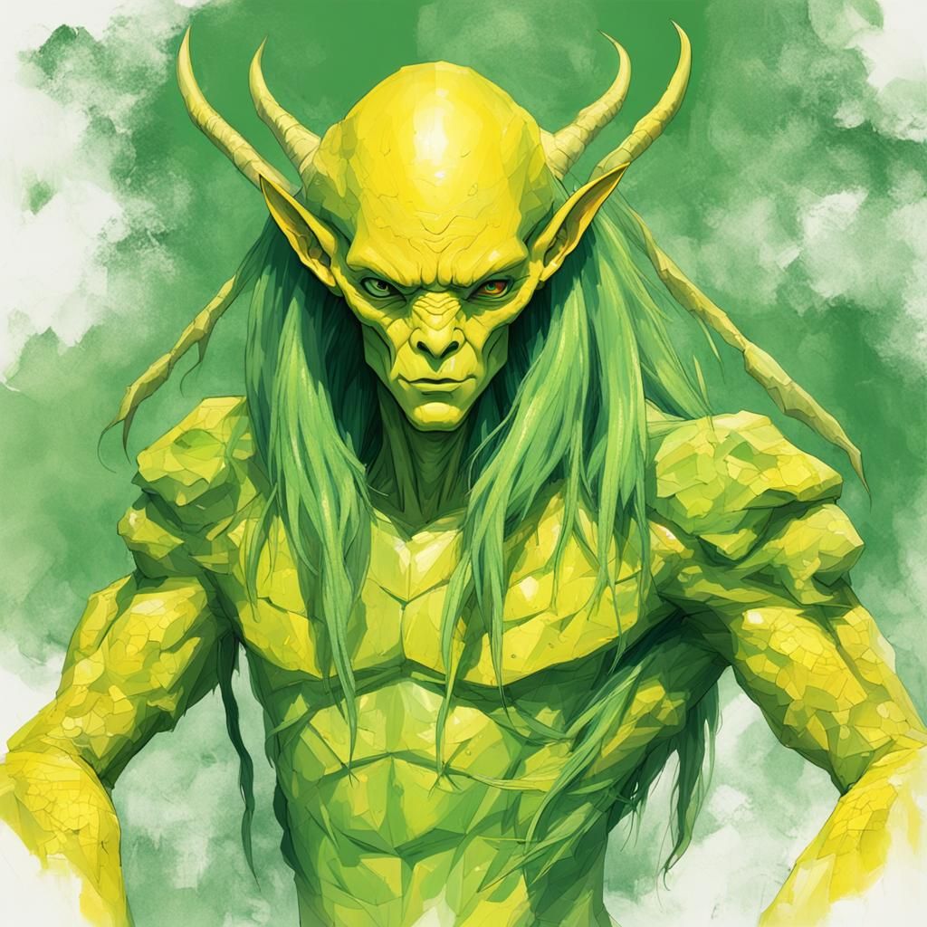Humanoid Alien with Yellow Scales and Green Hair