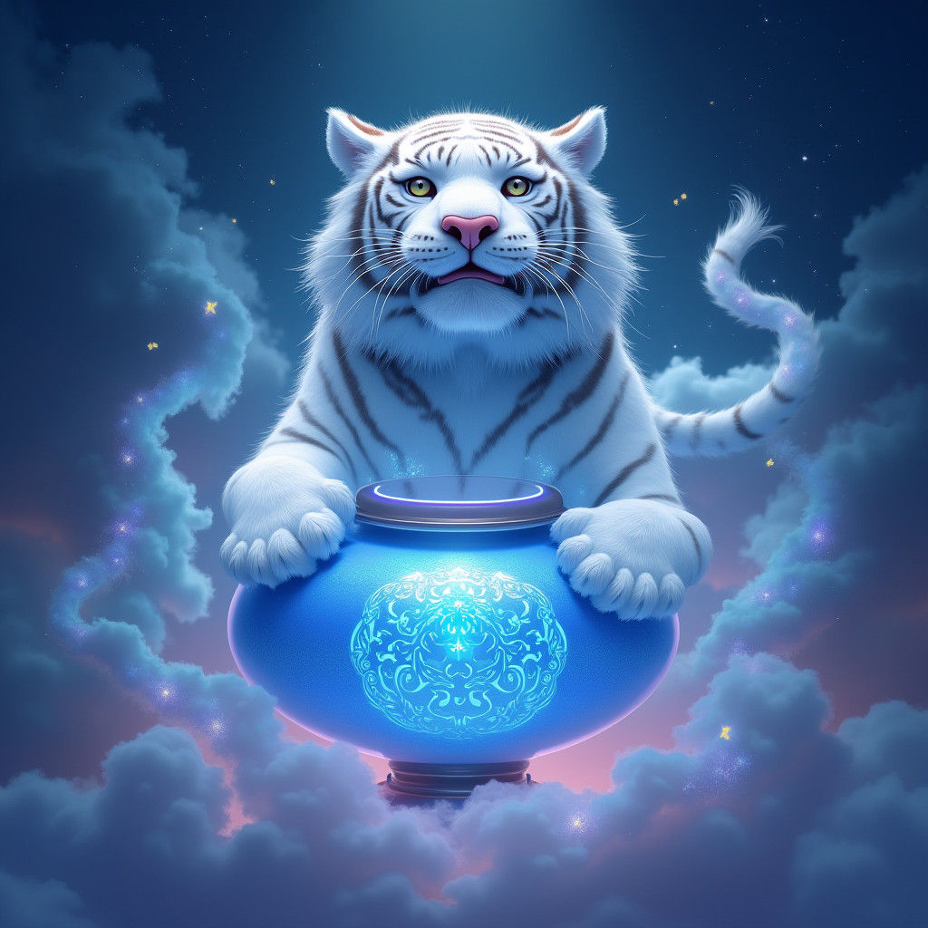 White Tiger Genie Emerges from Cosmic Lantern