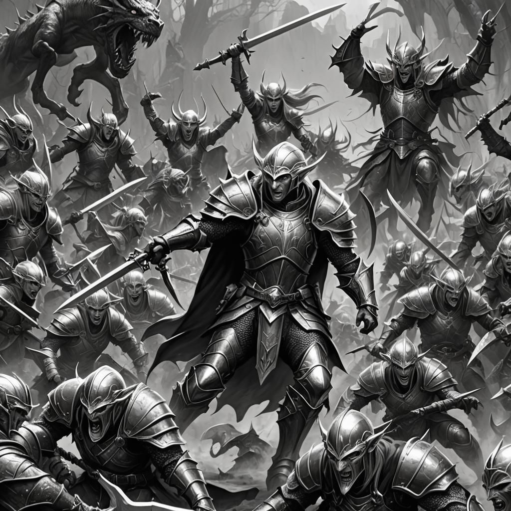 Elves in Armor Battle Monsters: Grayscale Fantasy