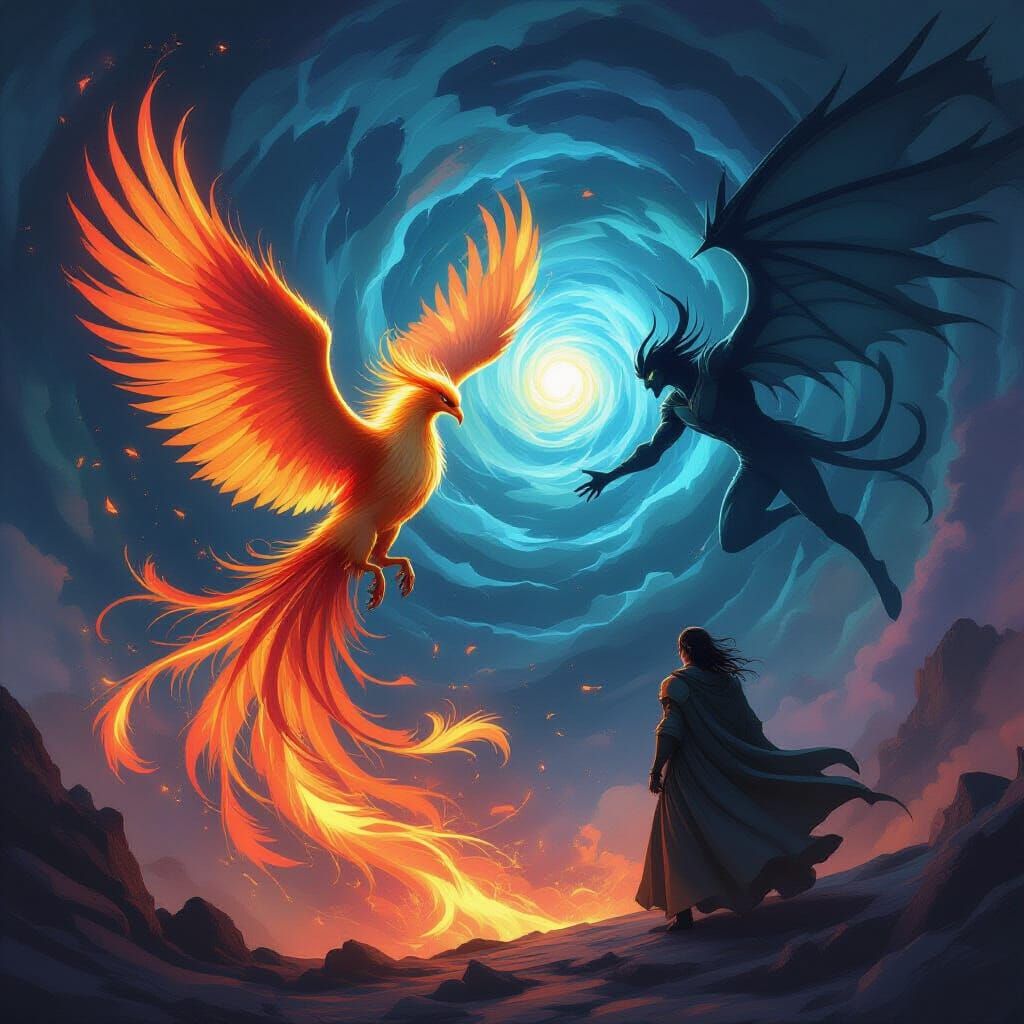 Mythical Phoenix Battles Demon Lord in Cosmic Vortex