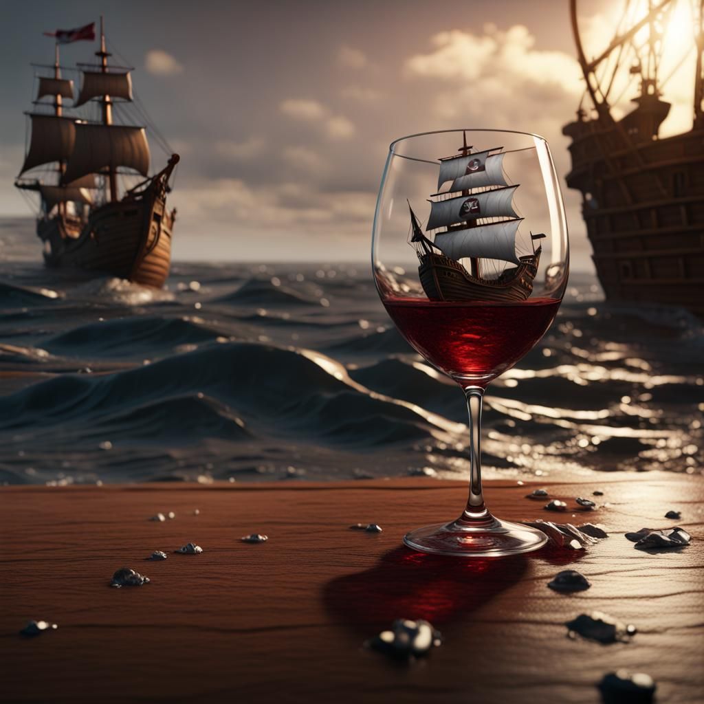 Ocean in a Wine Glass: Hyperrealistic Pirate Ship