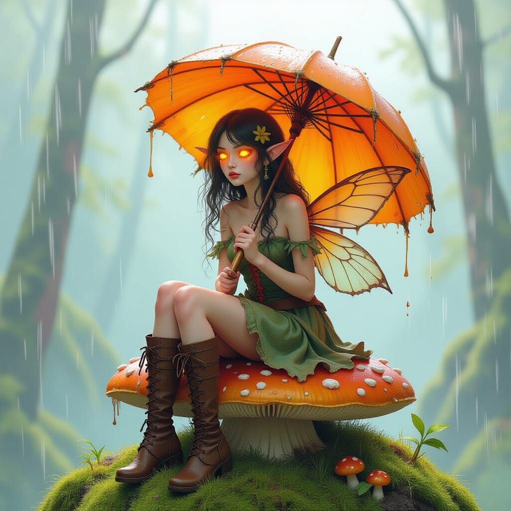 Fairy in Rain, Surreal Dreamlike Scene