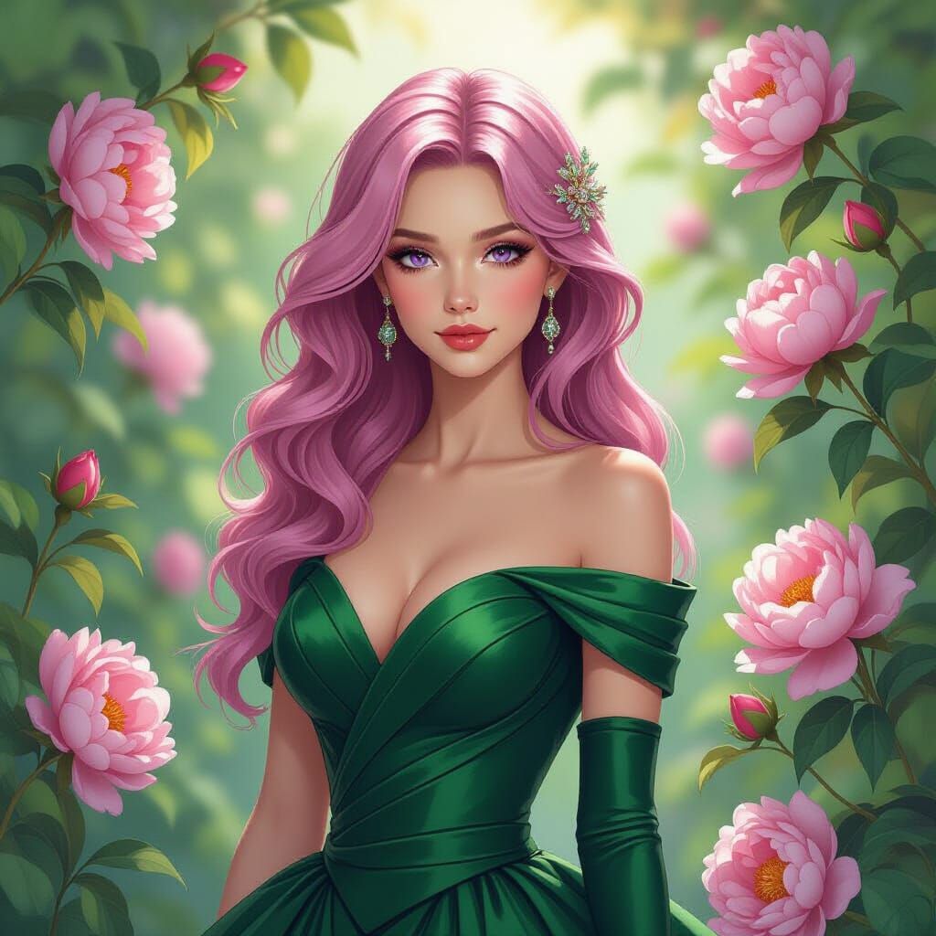 Emerald Gown in Peony Garden: Art Nouveau Portrait