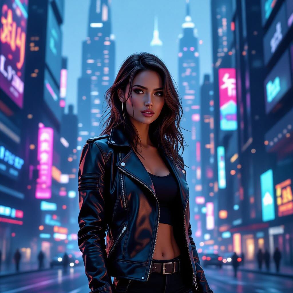 Woman in Cyberpunk Cityscape Inspired by Syd Mead