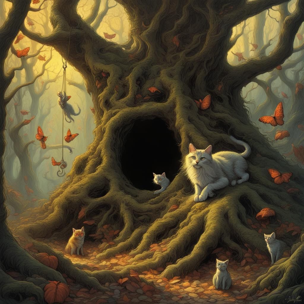 Enchanted Cat Forest in Dark Fantasy Style