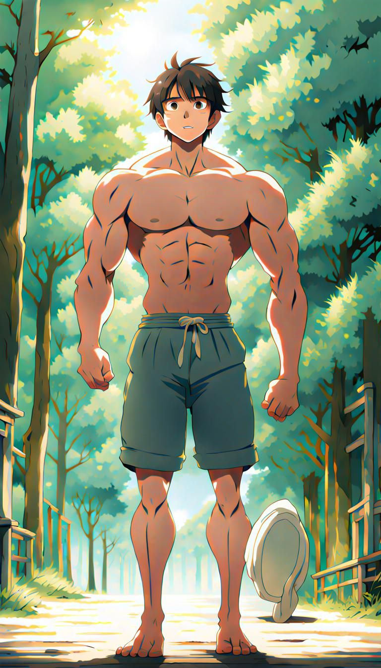Muscular Boy Anime Key Visual in Studio Ghibli Style