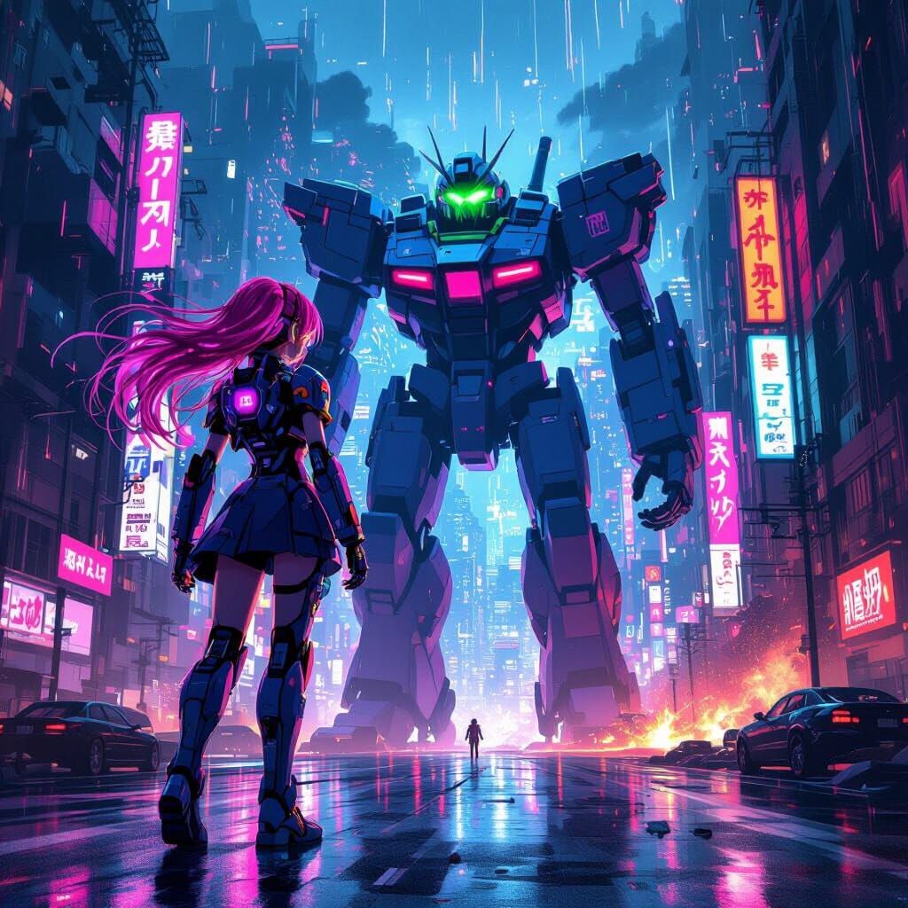 Anime Girl Commands Robot in Neon Cyber City