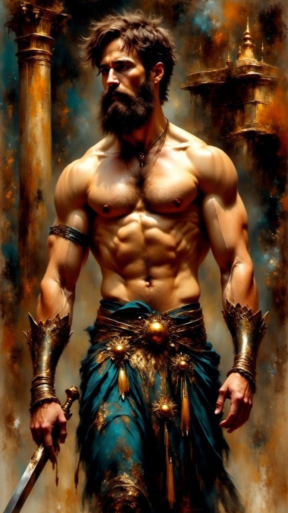 Bearded Greek God Battles Demons in Ancient Temple