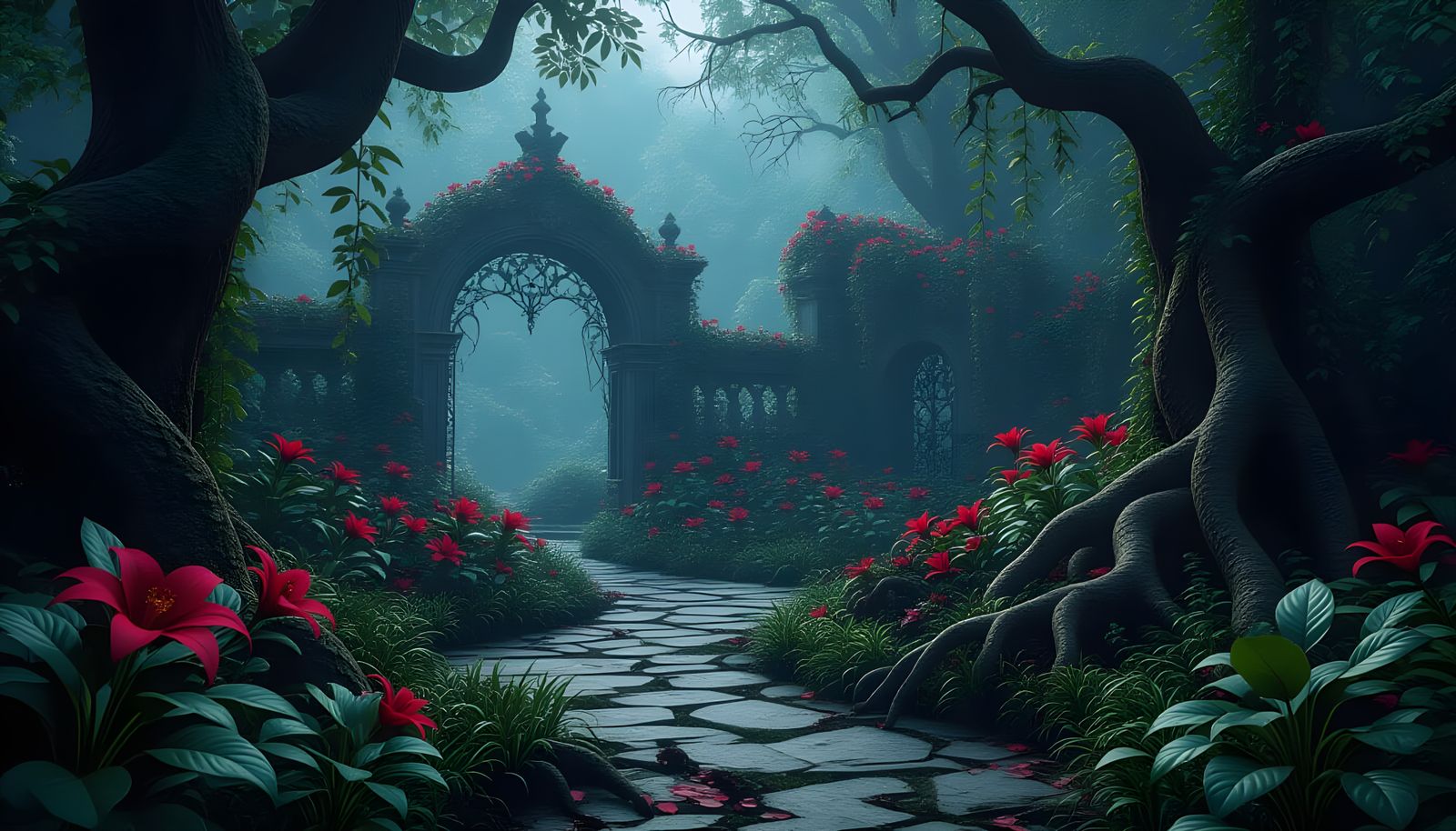 Gothic Garden with Poisonous Black Flowers