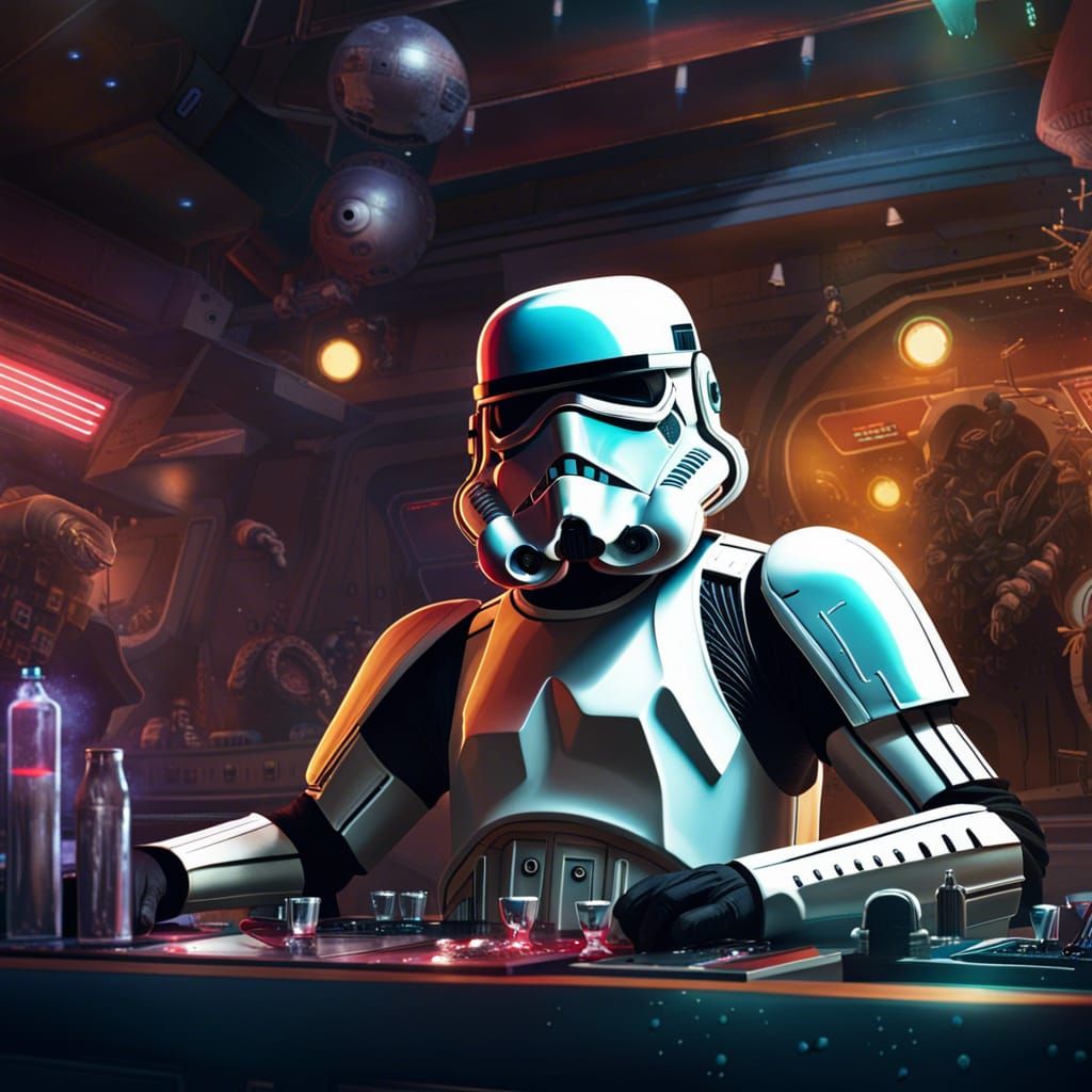 Stormtrooper DJ in Cantina: Hyperrealistic Star Wars Art