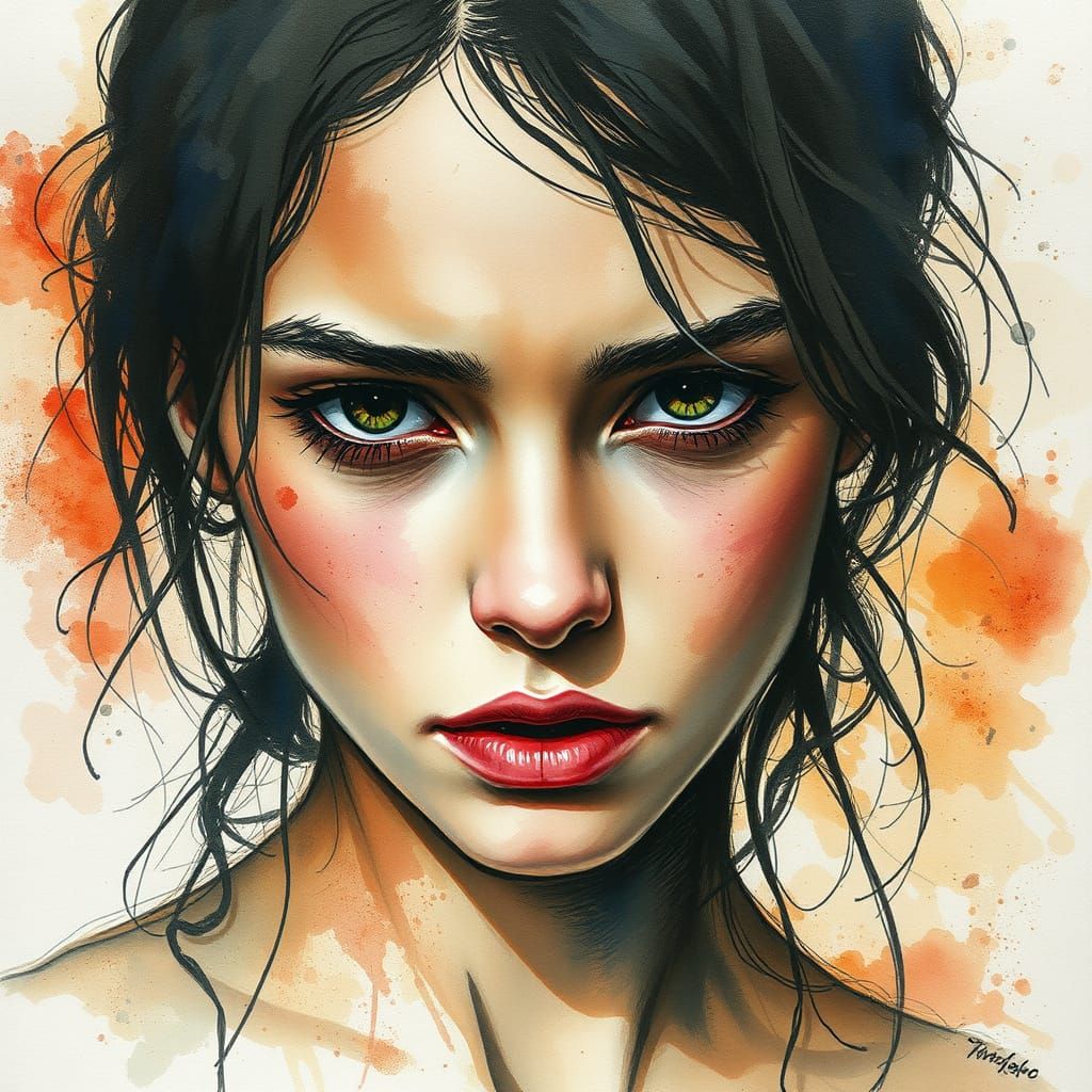 Emotional Watercolor Portrait with Destructive Undertones