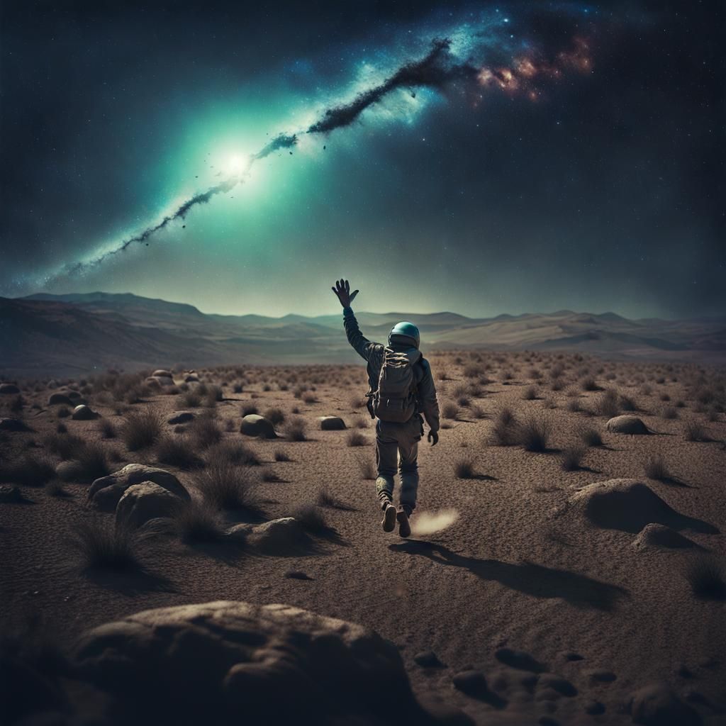 Desperate Man Adrift in Galaxy: Cinematic Film Still