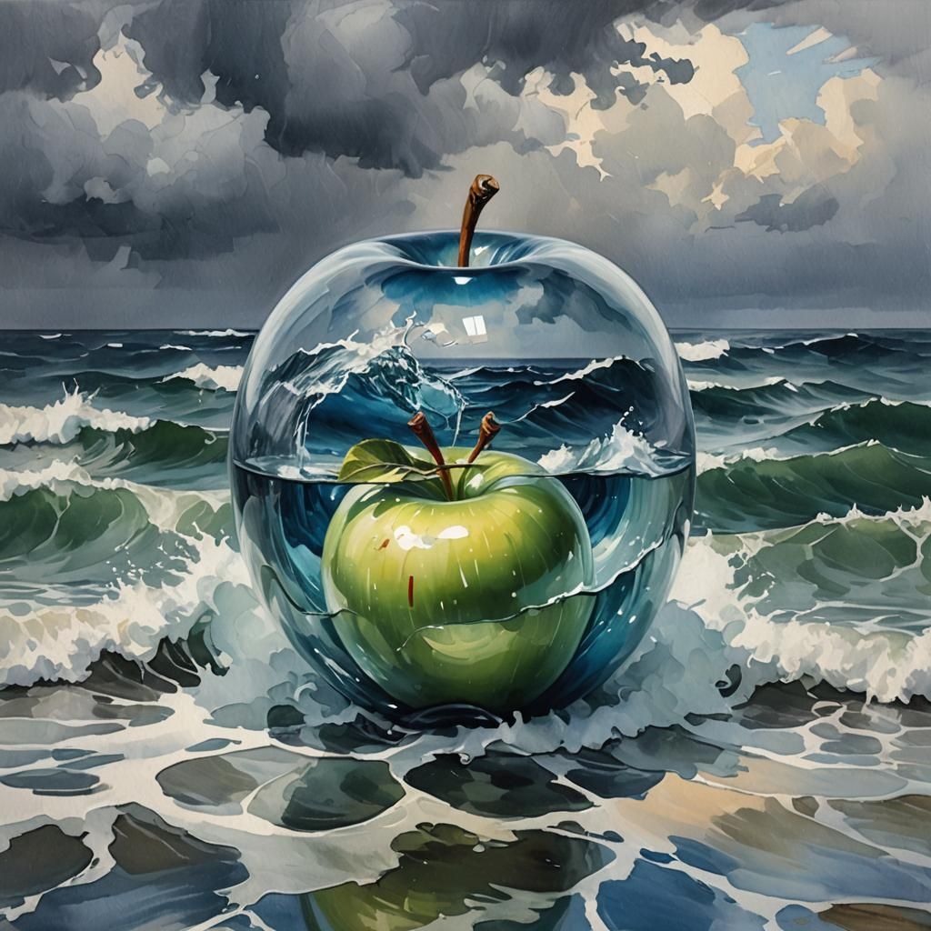 Stormy Sea Reflected in Glass Apple: Gouache Impression