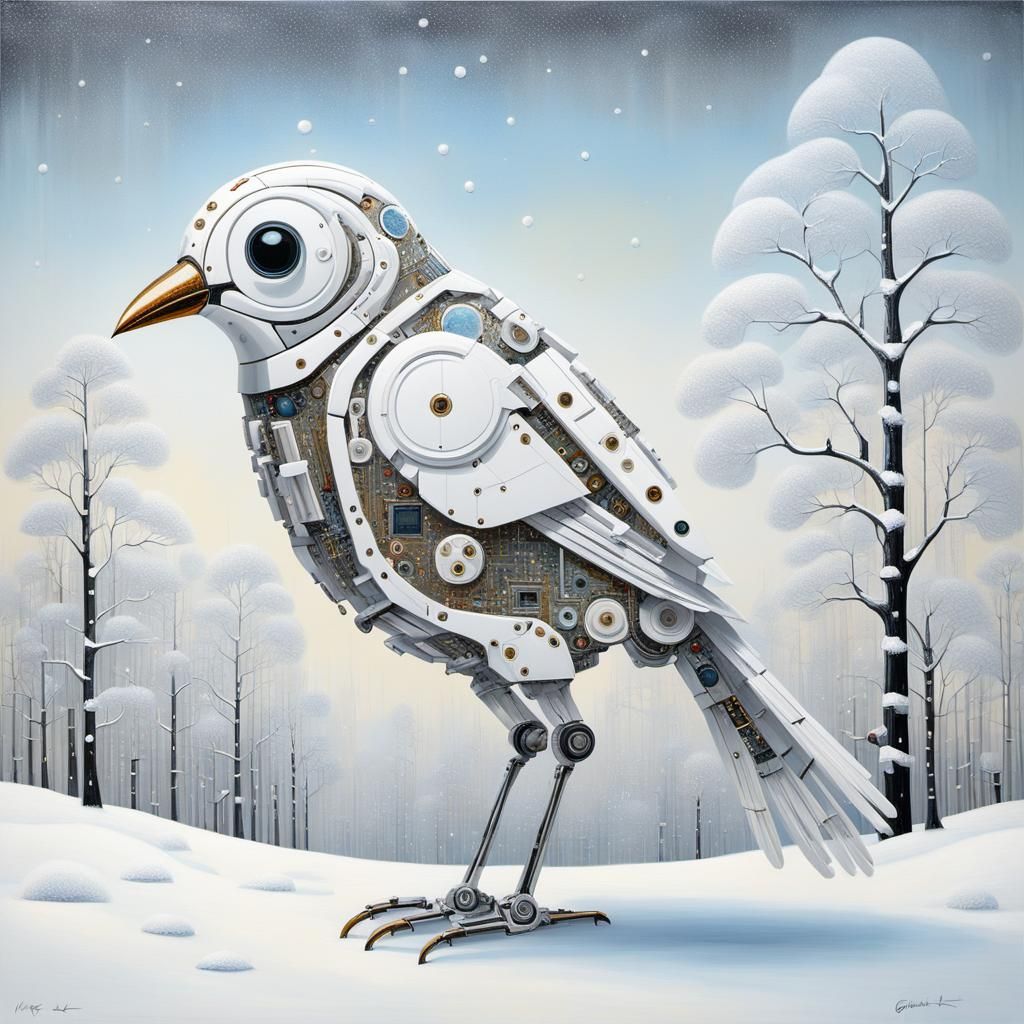 Whimsical Robotic Bird in Snowy Landscape, Impasto Style