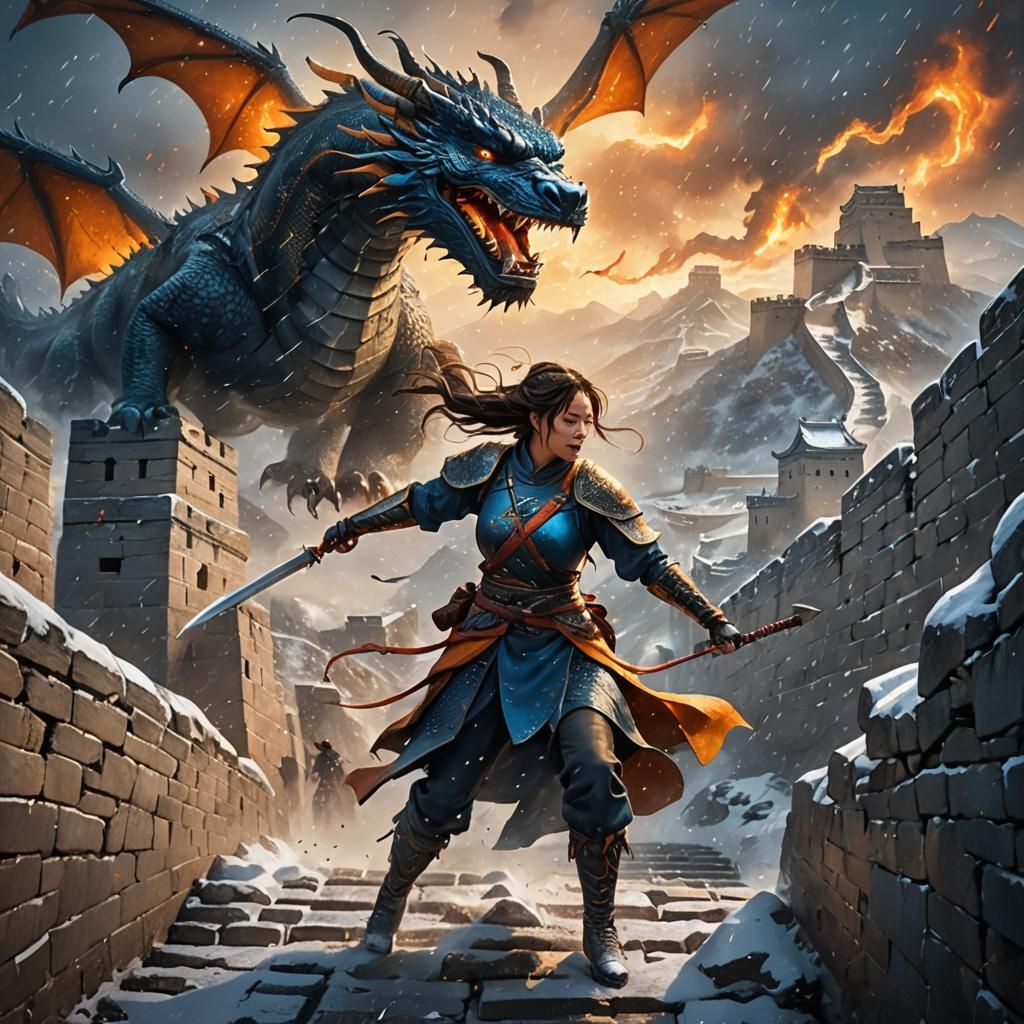 Girl Warrior Battles Dragons on Great Wall