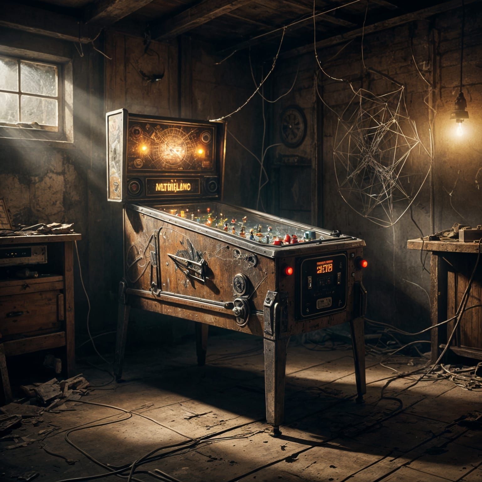 Dusty Cellar Pinball Machine in Cinematic Photorealism