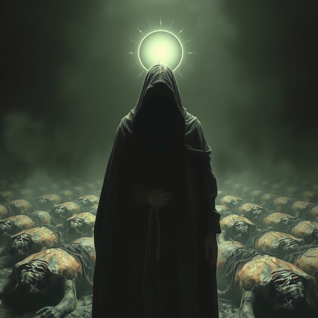 Dark Figure Surrounded by Corpses in Radiant Halo