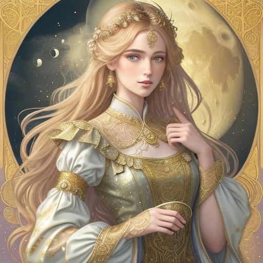 Elegant Rabbit Hopping Over Moon in Art Nouveau Style