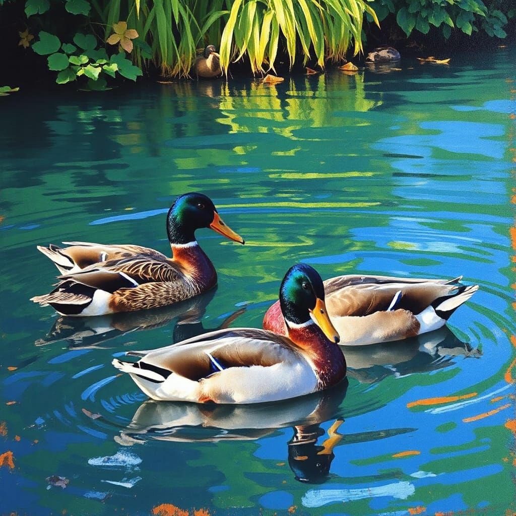 Serene Lake Scene with Intricate Feathers and Brushstrokes