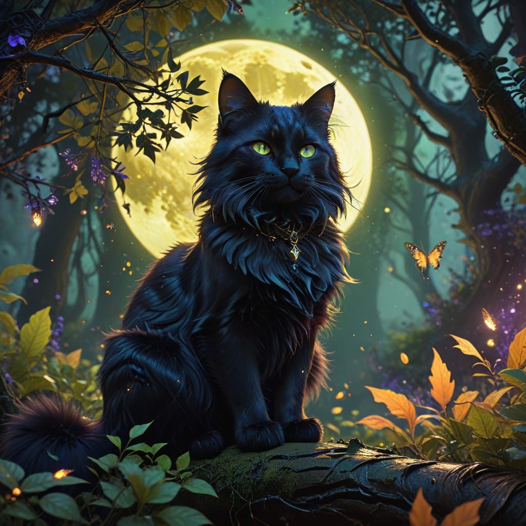 Black Cat in Enchanted Forest: Dark Fantasy Art