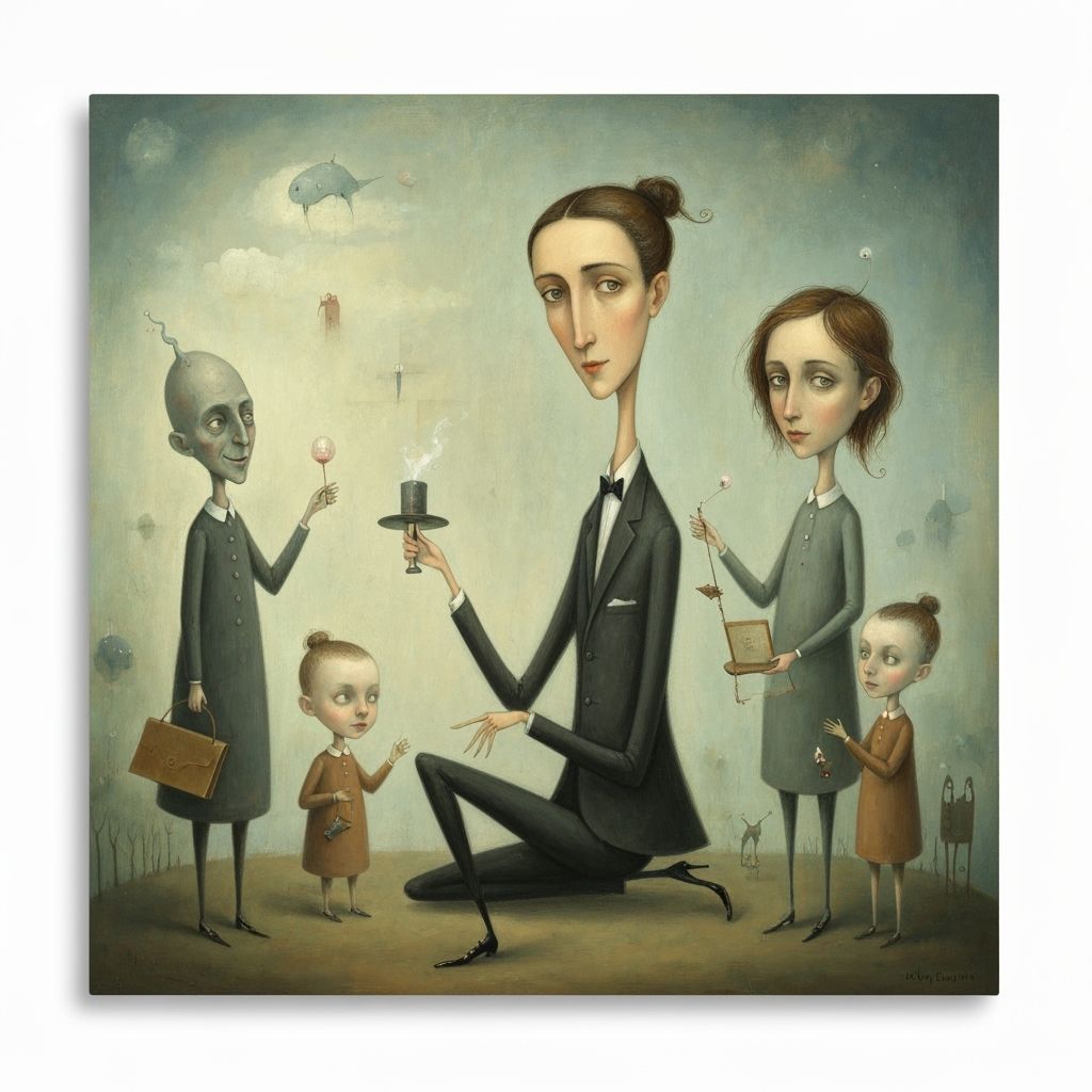 Surreal Teacher and Students in Whimsical Painting