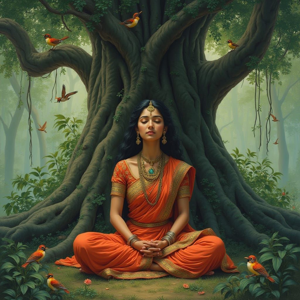 Meditating Woman in Forest, Inspired by Classical Indian Art