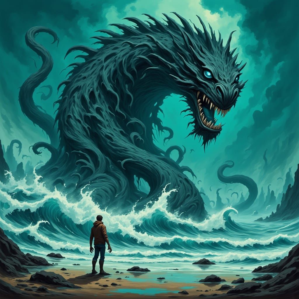 Mythical Leviathan Rises from Turbulent Ocean Waves in Dark ...