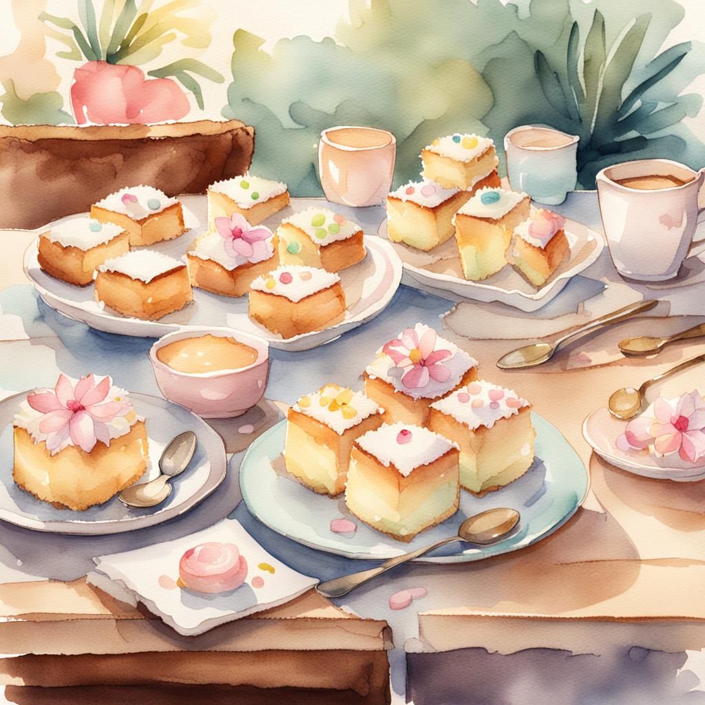 Watercolor Coconut Cakes in Anime Food Art Style