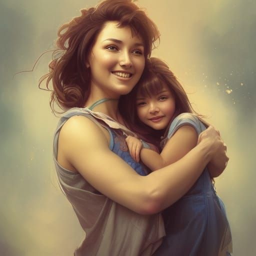 Loving Mother and Daughter Portrait in Art Nouveau Style