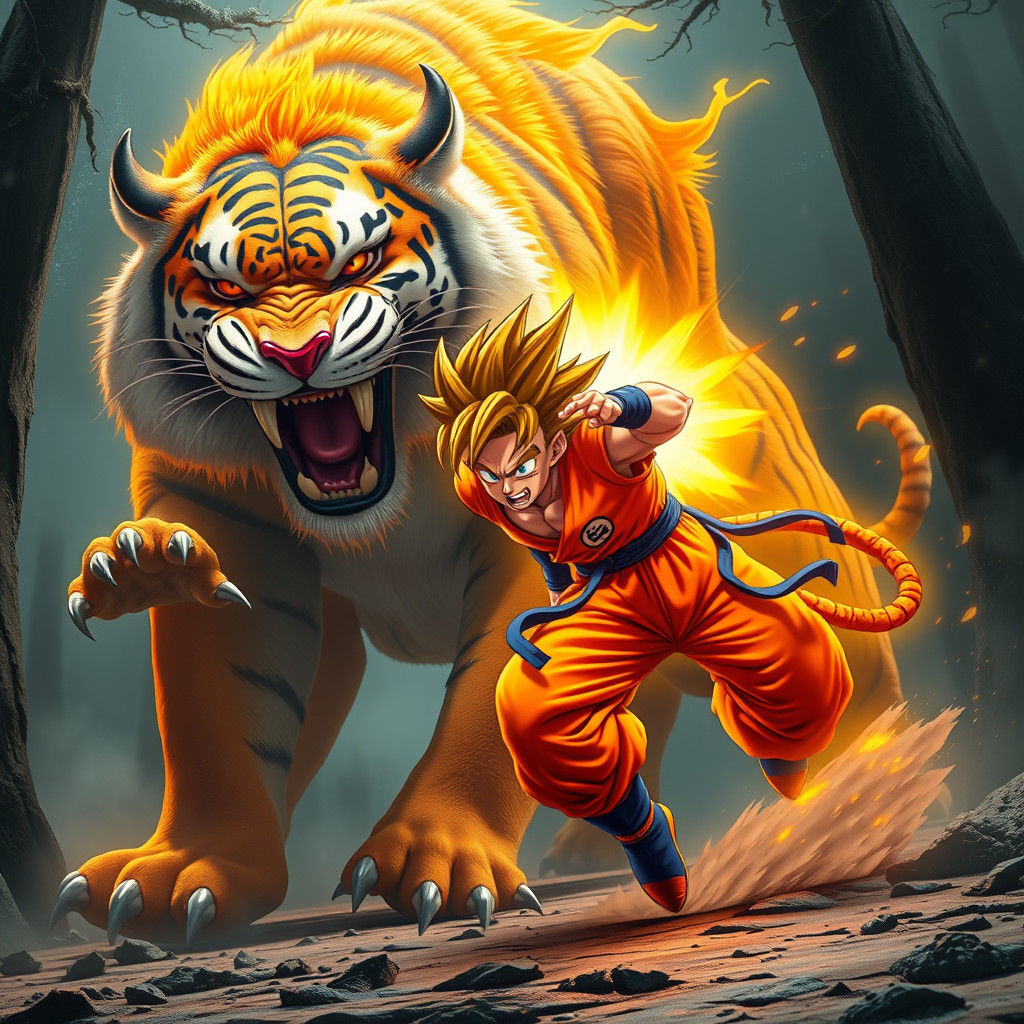 Goku Confronts Tiger: Dynamic Anime-Inspired Concept Art