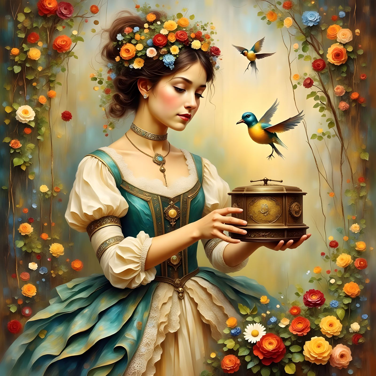 Vibrant Surrealism: Whimsical Mechanical Girl in Stormy Weat...