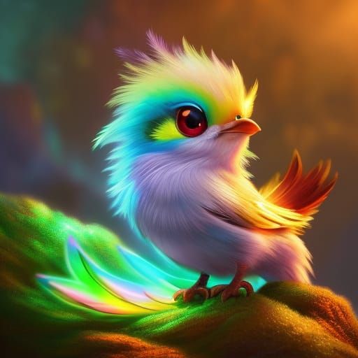 Adorable Baby Phoenix with Rainbow Feathers