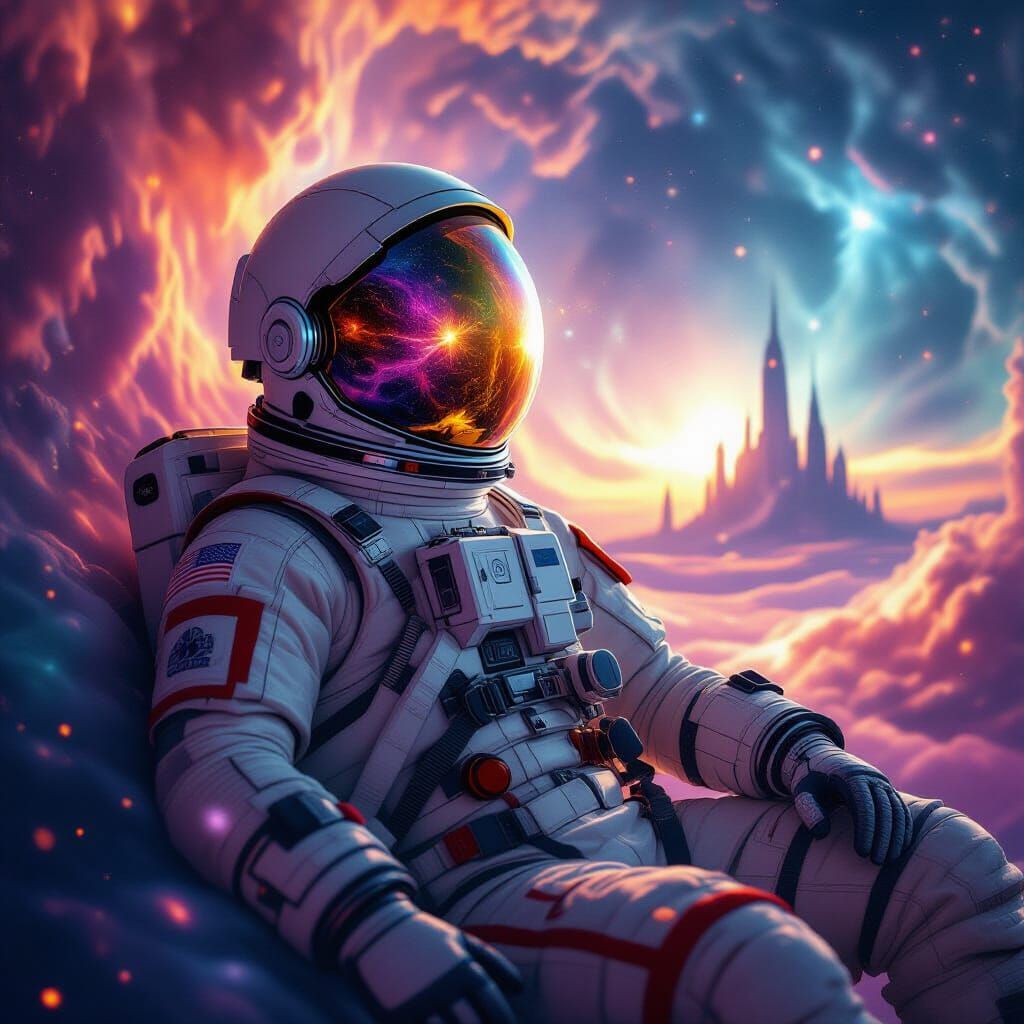 Astronaut Adrift in Nebula Reflecting Alien Cityscape