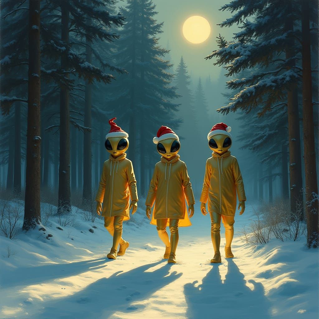Golden Aliens in Santa Hats in Snowy Bavarian Woods