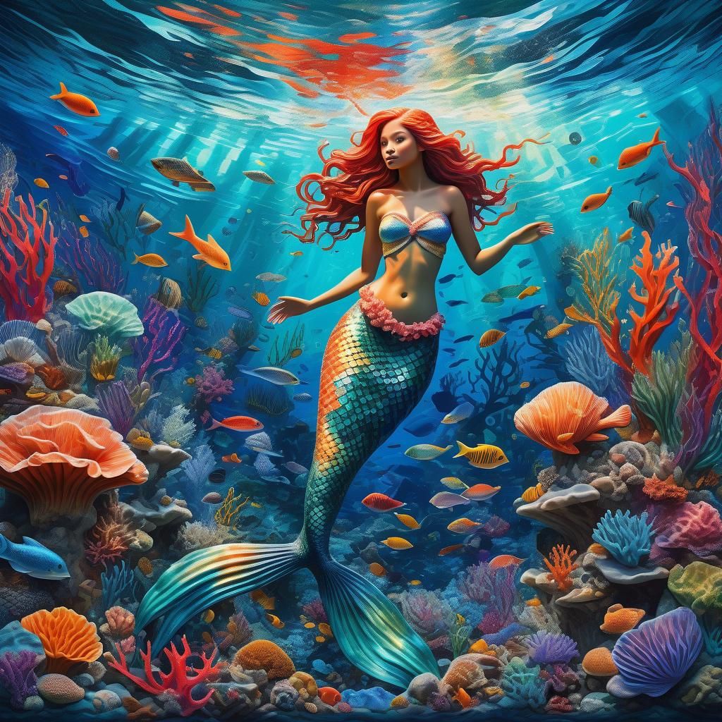 Underwater Mermaid in Vibrant Coral Reef, Impasto Painting