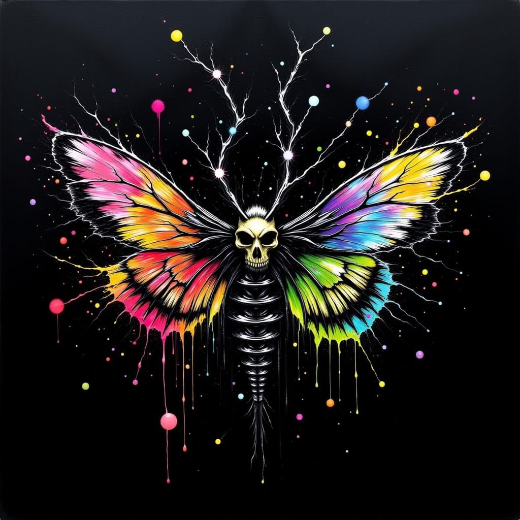 Death-head Moths of Ink Splatters on Black Background