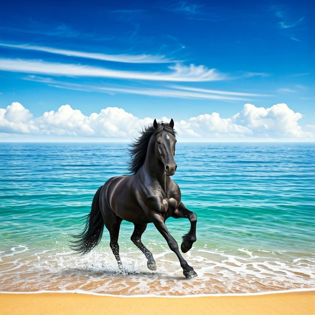 Black Horse Galloping on Ocean Shore in Dreamy Style